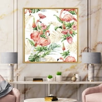 Tropsko Cvijeće I Zlatni Listovi Sa Ružičastim Flamingosima Uokvirenim Slikarskim Platnenim Umjetničkim Printom