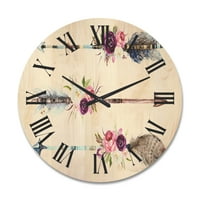 Designart 'cvijeće i etničko perje na Native Arrows III' boemski i eklektični drveni zidni sat
