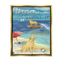 Stupell Industries Surf Pup Happiness in Waves grafička Umjetnost metalik zlato plutajuće uokvireno platno