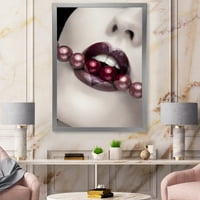 Designart' Pearls Through Mouth With Heart Shape Lips ' Modern Framed Art Print