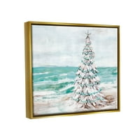 Snježno Božićno Drvo Plaža Obala Odmor Painting Metalik Zlato Uokvireno Art Print Wall Art