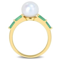 Miabella ženski bijeli okrugli slatkovodni biser karat smaragd 10kt prsten od žutog zlata