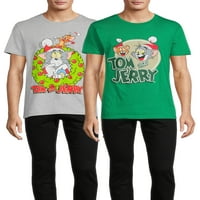 Tom i Jerry Božić Muška & veliki muški Santa šešir i vijenac grafički majice, 2-Pack