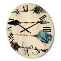Designart 'Flowers and Ethnic Feathers On Native Arrows IV' Bohemian & Eclectic Wood Wall Clock