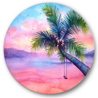 Designart' Vivid Sunset Landscape With Swing and Palm ' Nautical & Coastal Circle Metal Wall Art-disk of