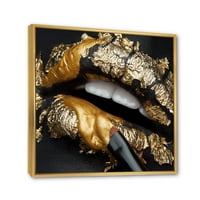 Designart 'ženske usne s crnom kožom i zlatnom folijom' moderni uramljeni platneni zidni umjetnički Print